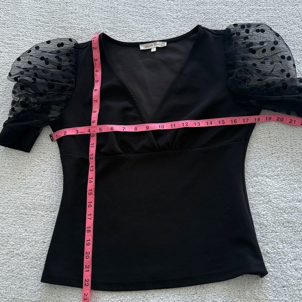 See the Shades  Black Top with Sheer Polka Dot Sleeves Sz Large Puff Sleeves - Picture 6 of 9